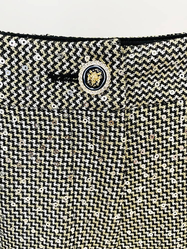 Conjunto de dos piezas de pantalón de traje a juego de color a cuadros pequeños con lentejuelas de temperamento para mujer_voghion.com