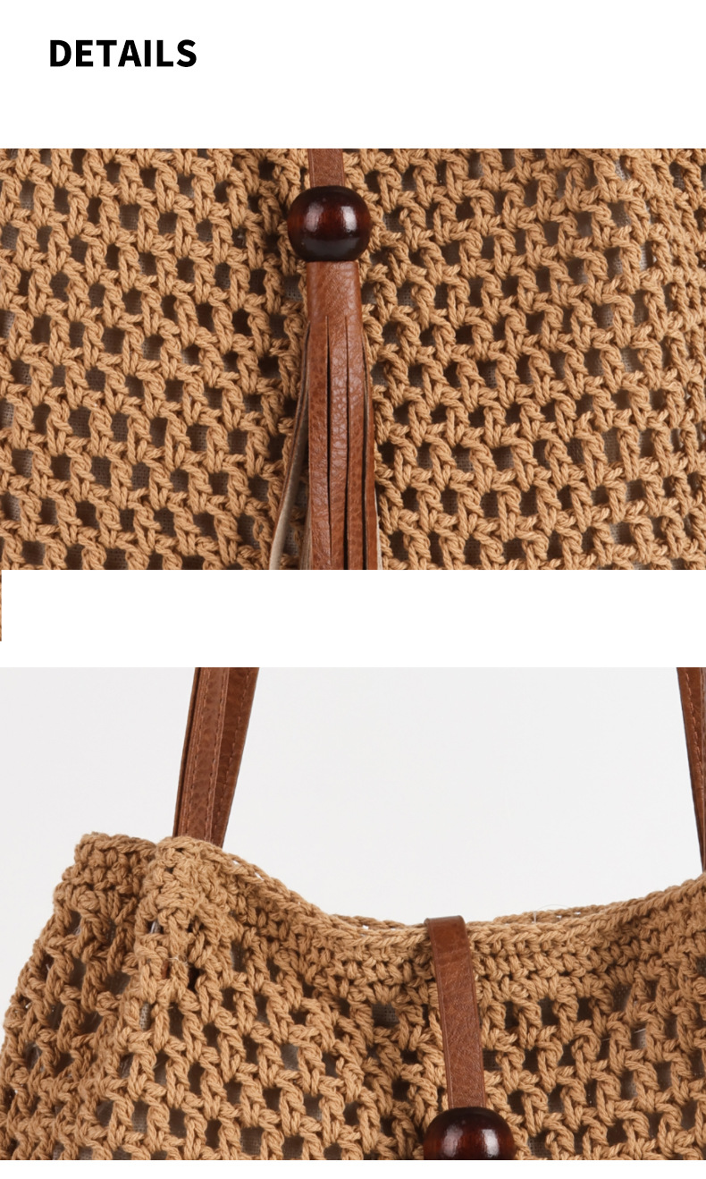 Borsa di paglia intrecciata, borsa etnica, borsa a tracolla plissettata con perline di legno, borsa di cotone intrecciata, borsa da spiaggia per le vacanze, borsa casual da donna_voghion.com