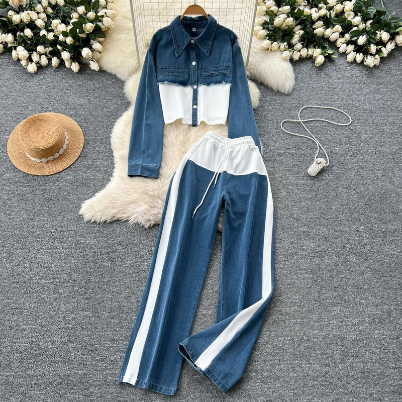 Abbigliamento da donna, abito casual, vita alta, cuciture in denim, pantaloni a gamba larga, abito due pezzi, giacca con risvolto alla moda_voghion.com