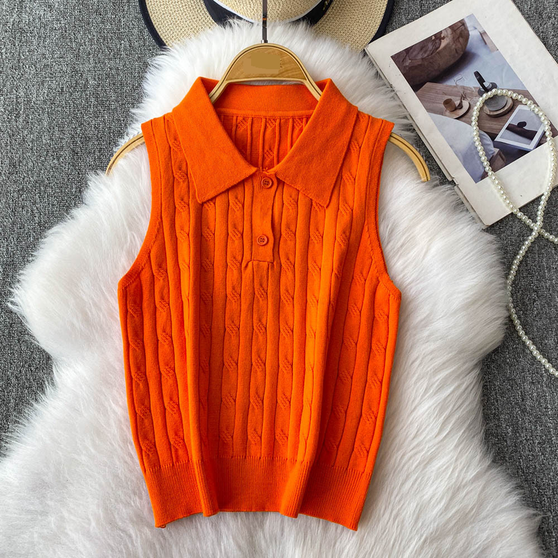 Women's Clothing Twisted POLO Collar Sleeveless Knitted Vest Slim Fit Two Button Casual Top_voghion.com