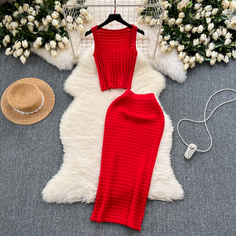 2025 Retro Gestrickte Zwei Stücke Sets Ärmelloses Kurzes Top + Hohe Taille Schlank Lange Röcke Weibliche Sommer Hotsweet Anzüge_voghion.com
