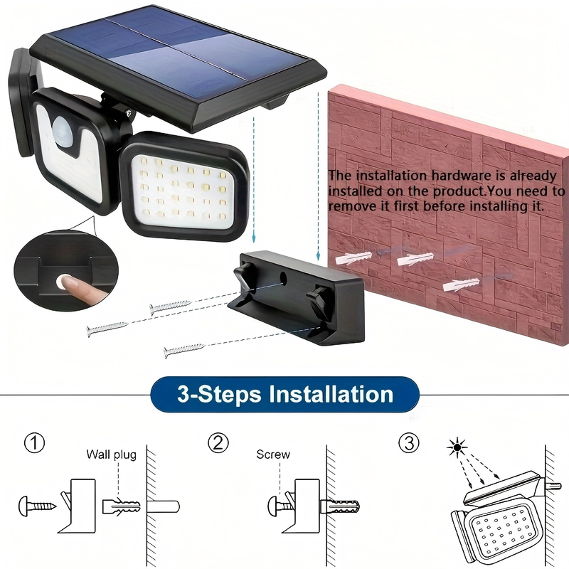 Zonne-wandlamp, LED-buitenlamp op zonne-energie, tuinlamp, 74 LED-lampen met drie koppen, lichaamssensor, 3 verlichtingsmodi met bewegingssensor_voghion.com