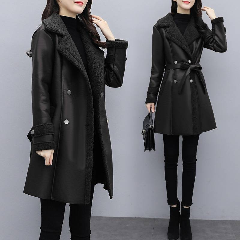 Dameskleding Dames imitatiebont leren jas winterjas - Stijlvolle oversized riem casual bovenkleding in rood, bruin, zwart (plus maten XL-5XL)_voghion.com