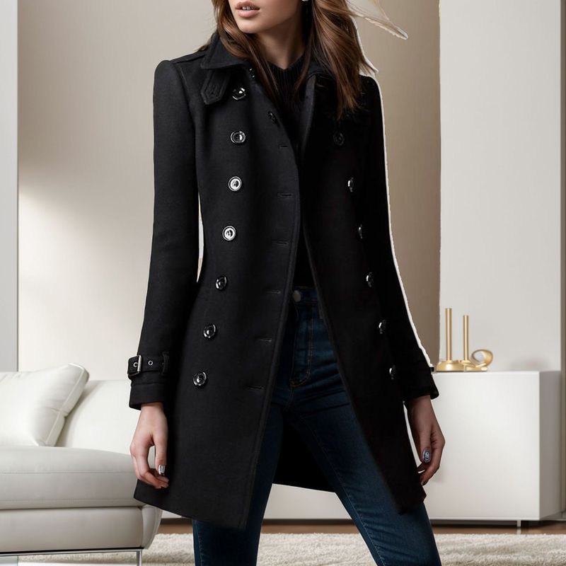 Damenbekleidung Zweireihiger Wollmantel Langer Trenchcoat Mit Taschen Slim Fit Lässige Herbst-Winterjacke_voghion.com