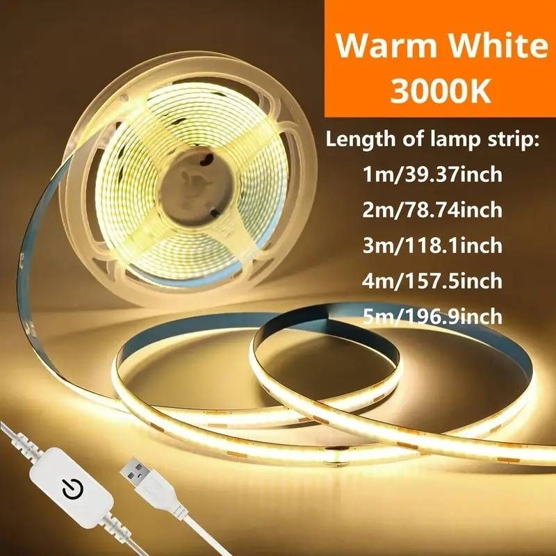 5V USB COB LED Strip Light With Touch Control, 252 LEDs/Meter, Adjustable Brightness For TV Backlight, Living Room & Bedroom Decoration_voghion.com
