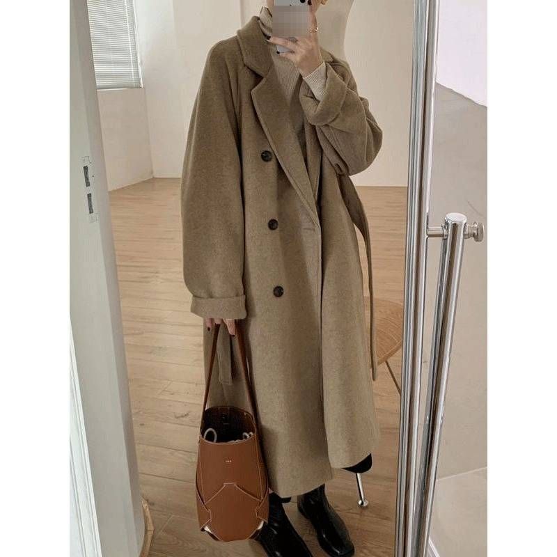 Women's Elegant Chenille Trench Coat – Audrey Hepburn-Inspired Short Wool Coat With Belt (Black/Coffee)_voghion.com