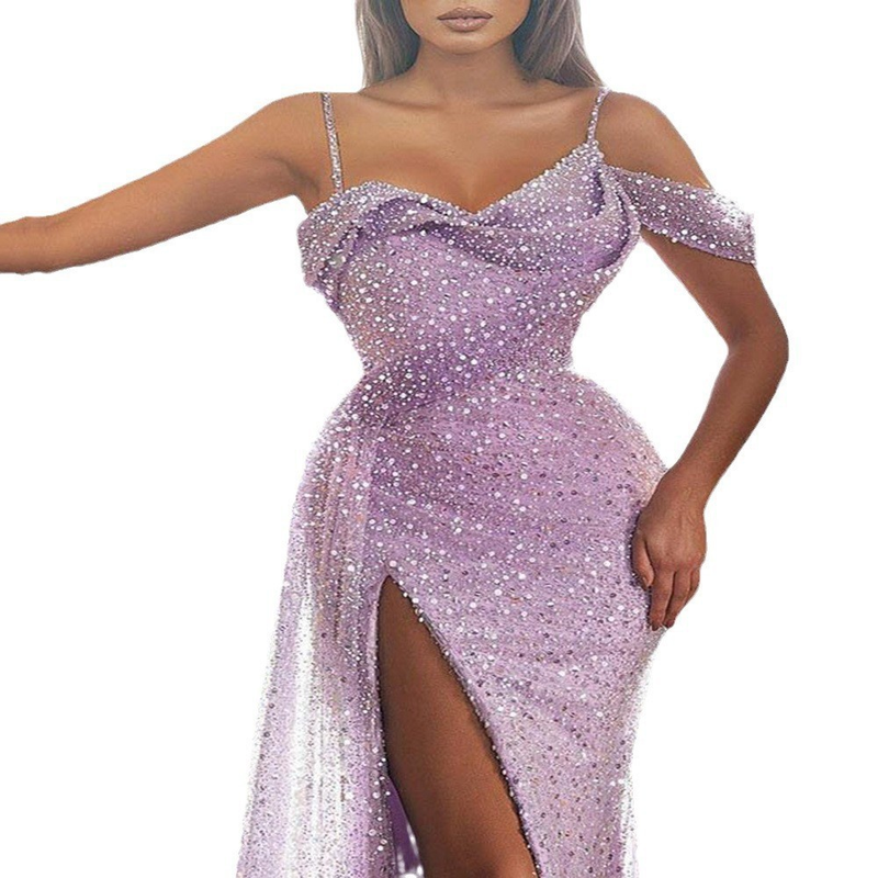 women's dress suspender long skirt slit sequin irregular evening dress_voghion.com