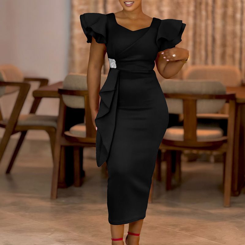 Women's Clothing fashion temperament elegant ruffled solid color hip wrapped _voghion.com