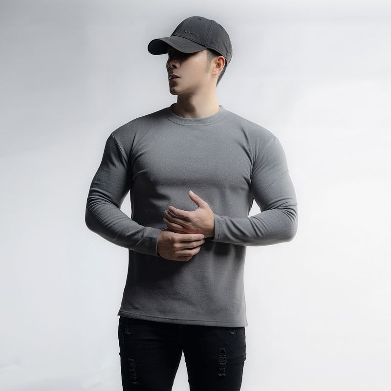 Thermo-Langarm-T-Shirt für Herren zum Laufen und fürs Fitnessstudio – atmungsaktives doppellagiges Fleece, Rundhalsausschnitt und hoher Kragen, einfarbig (Schwarz/Weiß/Grau/Khaki)_voghion.com