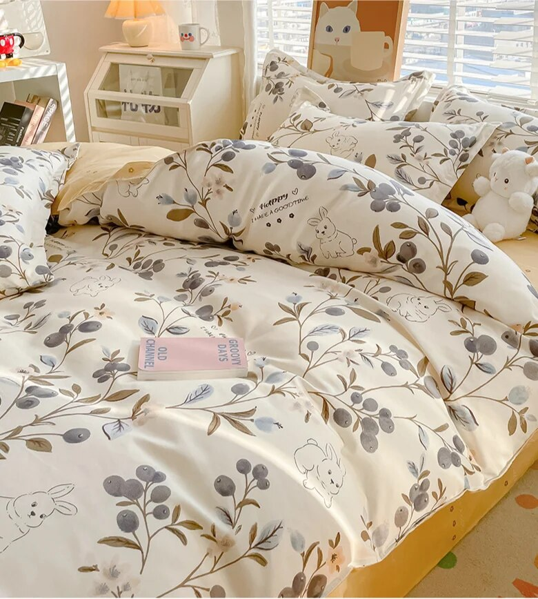 Quattro pezzi di biancheria da letto stampati in cashmere vegetale in stile pastorale estivo, lenzuola fresche per dormitori studenteschi, set da tre pezzi_voghion.com