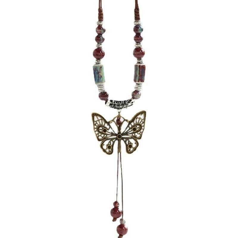 Collana in ceramica di lino e cotone in stile etnico letterario nazionale per donna, serie Butterfly Forest, versatile maglione lungo_voghion.com