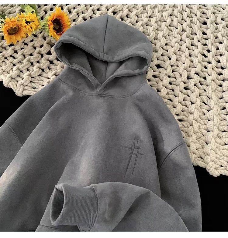 Felpa con cappuccio da uomo in pelle scamosciata pesante con lettere ricamate, giacca casual ampia da autunno e inverno_voghion.com