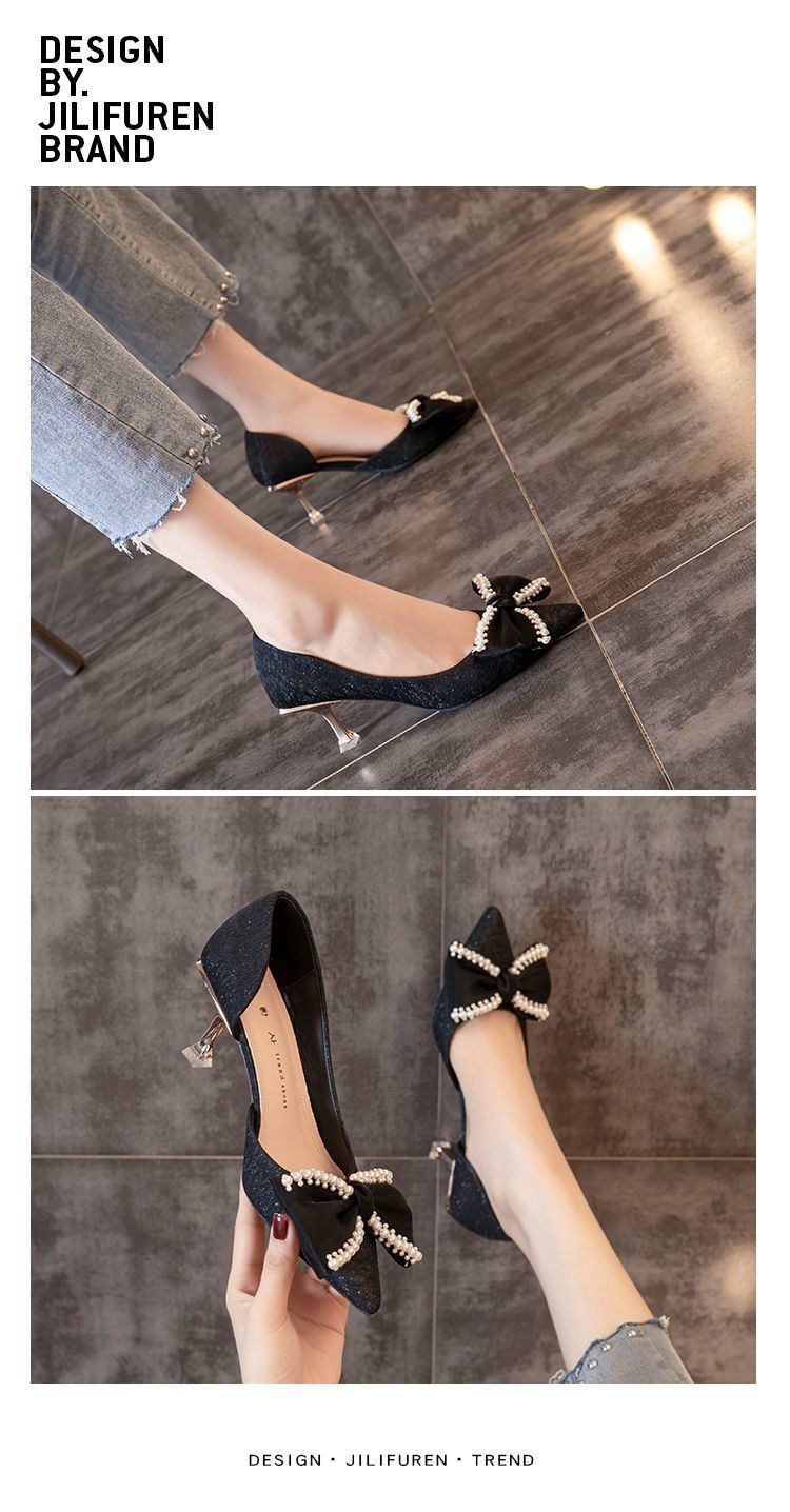 Schuhe hohl Französisch mädchen spitzen perle bogen stiletto schuhe_voghion.com