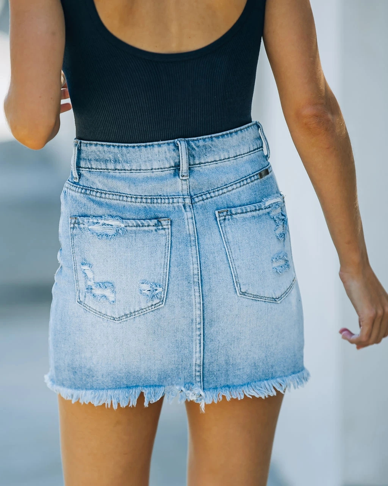 Women's Clothing High Waist Ripped Denim Mini Skirt Washed Frayed Hem A-Line Silhouette Comfortable Casual Style Polyester Fiber Skirt_voghion.com