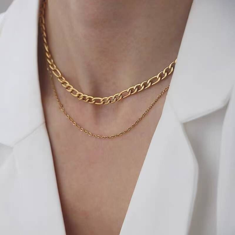 Collier Figaro double couche cubain en acier inoxydable doré, chaîne de clavicule empilée, haut de gamme, tempérament_voghion.com
