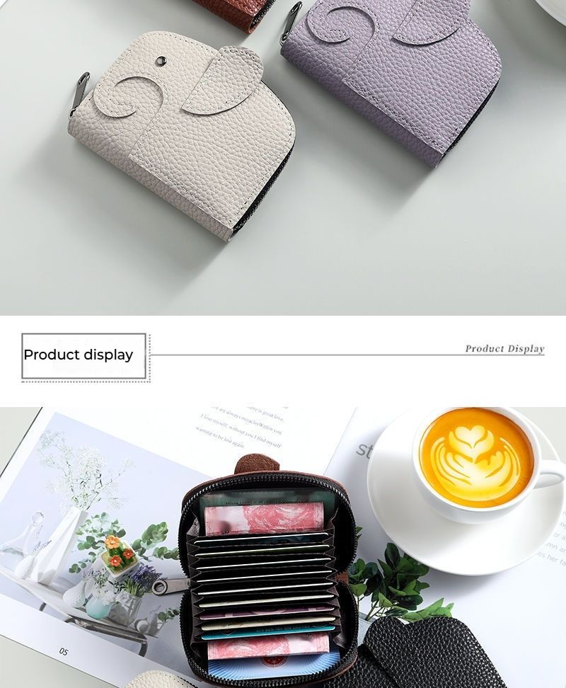 Porte-cartes mignon pour femme, niche personnalisée, grande capacité, plusieurs emplacements pour cartes, porte-cartes anti-démagnétisation compact en forme d'éléphant_voghion.com