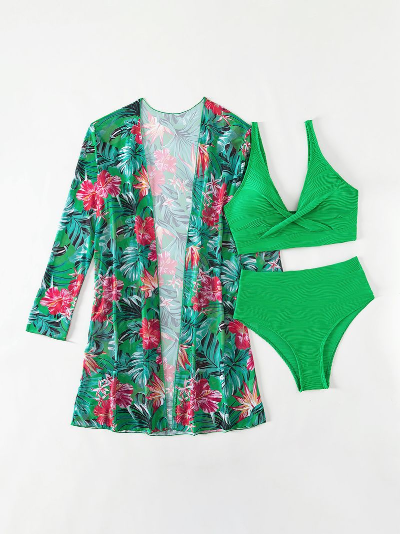costume da bagno in tre pezzi diviso da donna a maniche lunghe bikini celebrità di Internet a vita alta tinta unita_voghion.com