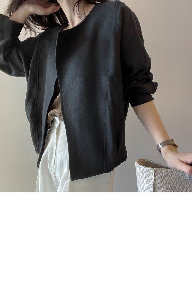 Korean chic 2024 summer new cotton and linen cardigan solid color simple thin style cuffs slit long sleeved short jacket_voghion.com