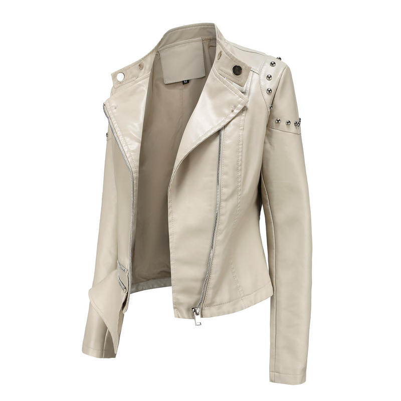 Giacca in pelle con rivetti da donna, nuova moda 2021, con colletto rialzato, tinta unita, primavera e autunno_voghion.com