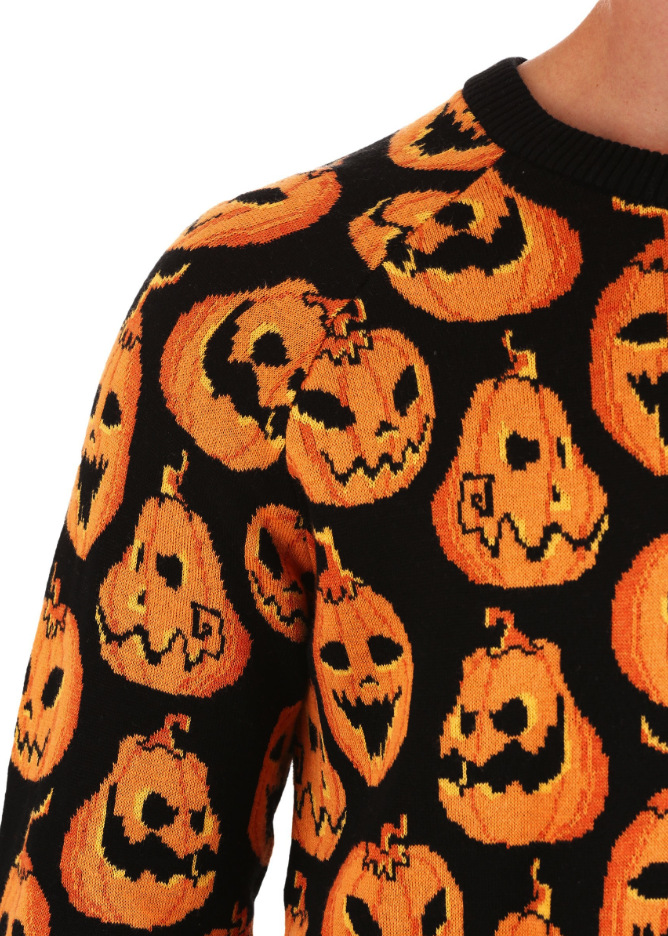 Dámský svetr na podzim a zimu, halloweenský svetr volné kontrastní barvy, dýňový žakárový vzor_voghion.com