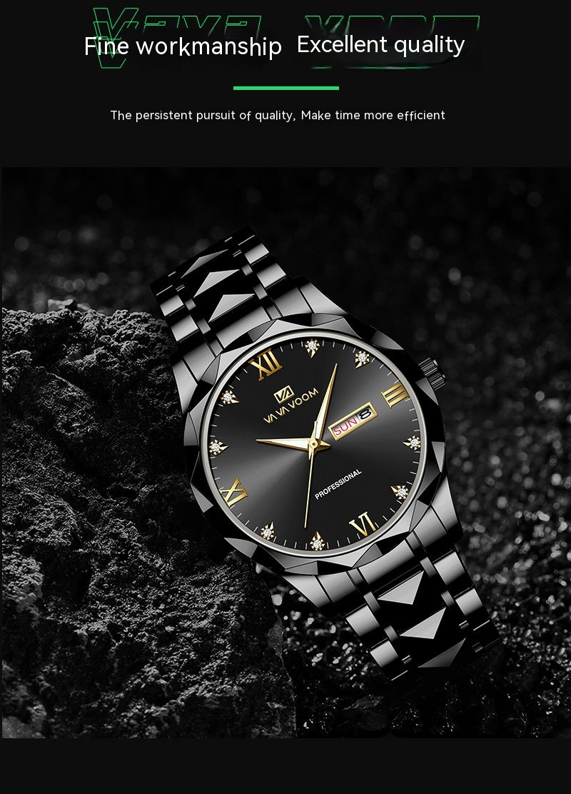 New Multi-functional Butterfly Buckle Men's Watch, Popular Men's Trend Double Calendar Tungsten Steel Waterproof Quartz Watch_voghion.com