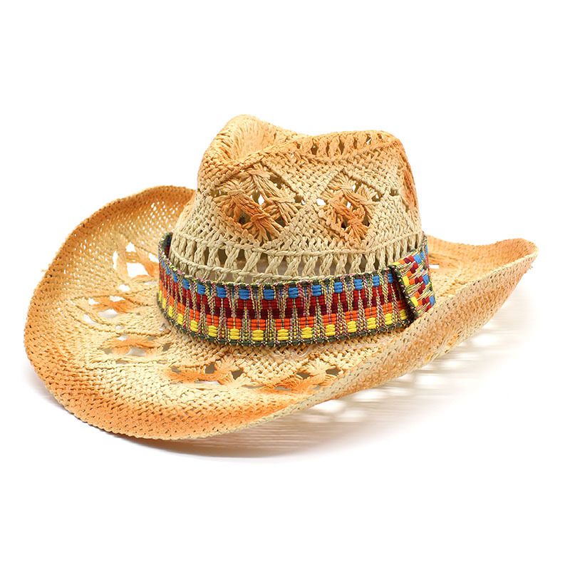 2022 Spring/Summer New Ethnic Style Woven Hollow for Men and Women Summer Sunscreen Western Cowboy Straw Hat_voghion.com