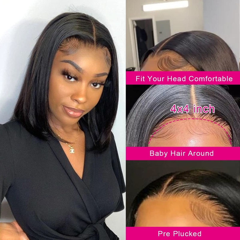 Koronkowa opaska na głowę z ludzkich włosów 4*4, 100% ludzkich włosów, gładkie i proste włosy, bez splątania, krótki bob odpowiedni do noszenia na co dzień przez kobiety_voghion.com