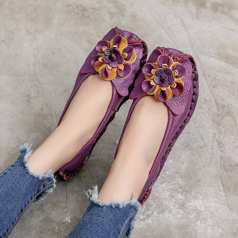 Retro personality, ethnic style, comfortable leather soft sole women's shoes, bean shoes, shallow mouth, pure handmade single shoes for women_voghion.com