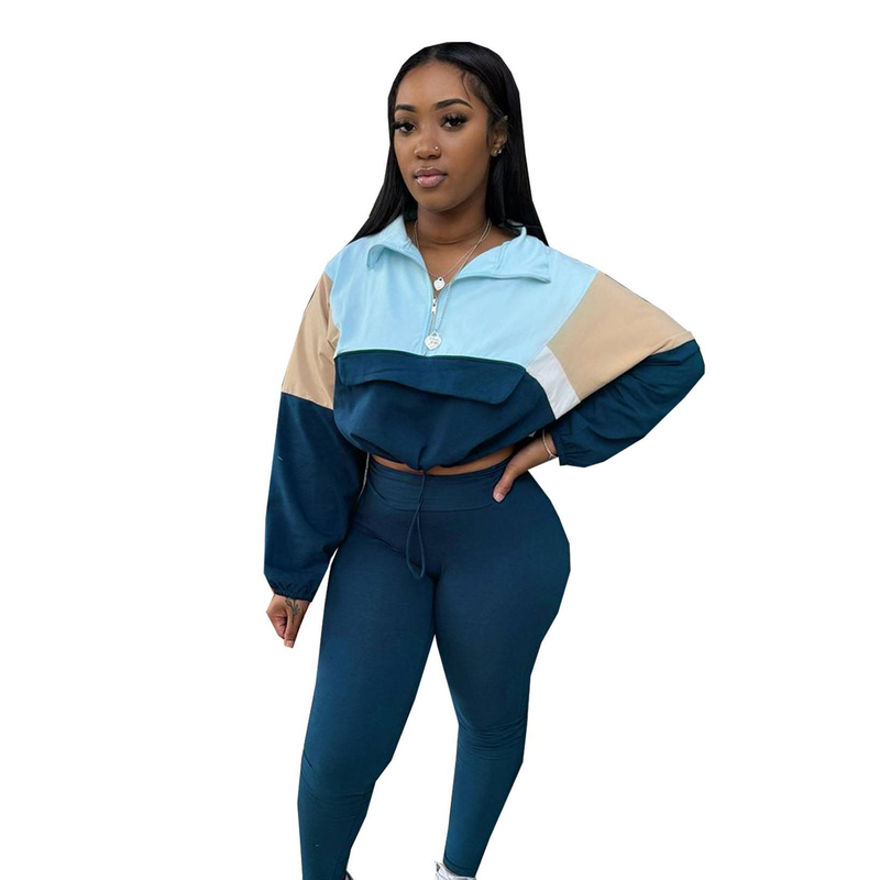 Women's Clothing Contrast Color Leggings Sports Two Piece Sweatshirt Zipper Color Matching Trousers Suit_voghion.com