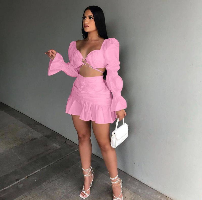 Ensemble 2 pièces sexy pour femme, tenue de festival, haut court à manches bouffantes et mini-jupe à volants, tenue de club, tenue de soirée assortie_voghion.com