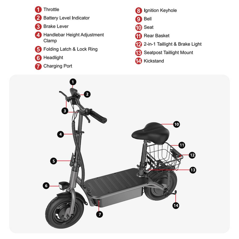 iScooter F2 500W Faltbarer Elektroroller mit Sitz für Erwachsene, 10-Zoll-Pendler-Escooter mit Korb und breiten Pedalen, 36V7.8Ah_voghion.com