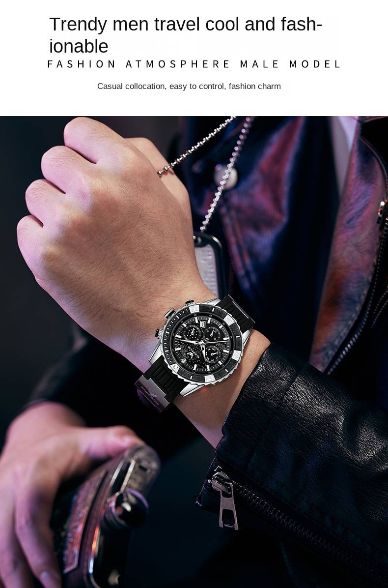 ROERDUM Voyager Series-Orologio subacqueo RA8006 Orologio meccanico a carica funzionale con quadrante nero e cinturino in silicone Orologio da uomo_voghion.com