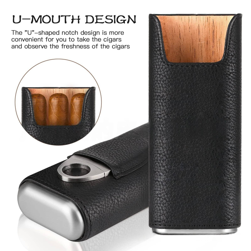 Handcrafted Full-Grain Leather Cigar Case - 3-Cigar Travel Humidor With Spanish Cedar Lining_voghion.com