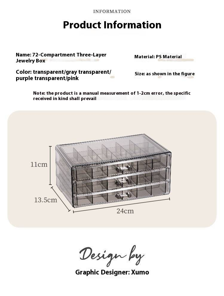 3-Tier Luxury Jewelry Organizer With 72 Compartments - Clear/Translucent PS Storage Box (Dustproof, Moisture-Resistant, Stackable)_voghion.com