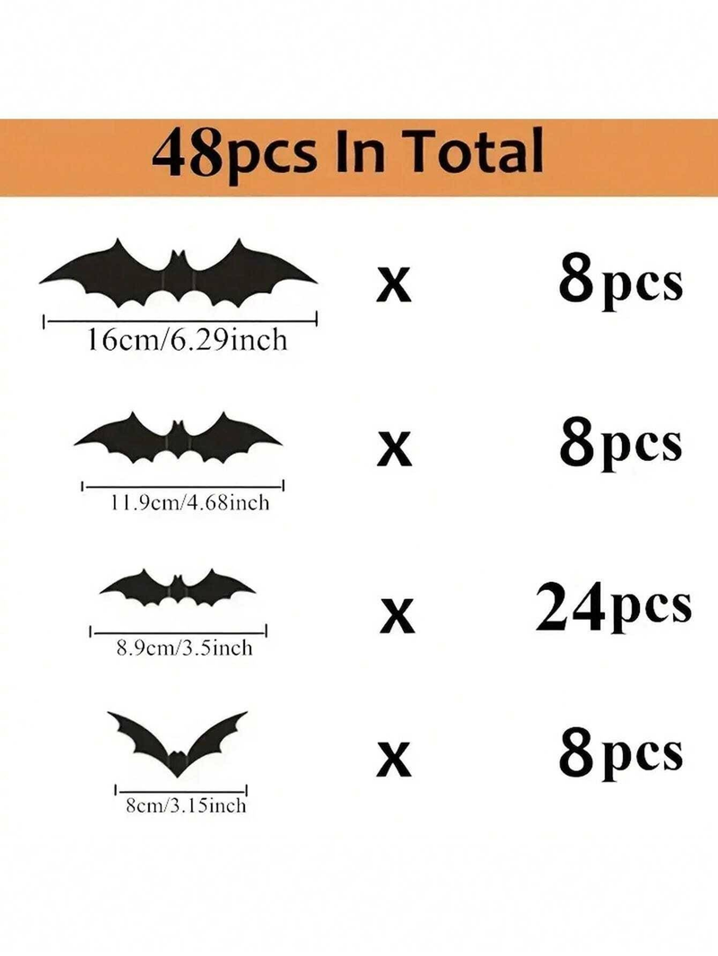48Pcs/Set Halloween Wall Bat Decor, Black Plastic Bat Stickers For Halloween Room Decor,Waterproof 3D Realistic Bat For Halloween Party Decoration_voghion.com