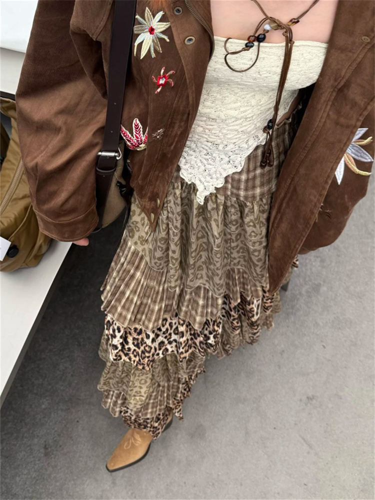 Gonna lunga a strati a vita alta con motivo leopardato a quadri di Design Sense per donna_voghion.com