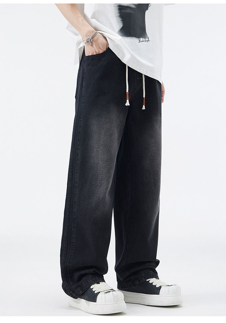 Jeans classici con banda laterale da uomo - Pantaloni invernali lavati a gamba dritta con fodera in pile (denim di cotone a gamba larga retrò)_voghion.com