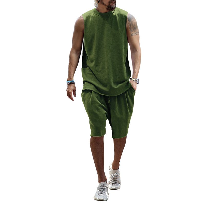 Sınır Ötesi Yeni Yaz Kolsuz Spor Takım Elbise Erkek Rahat Üst Kolsuz Yelek Şort İki Parçalı Takım Erkek_voghion.com