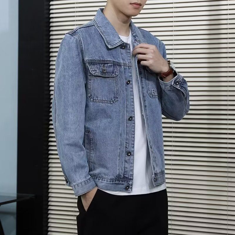 Neue Jeansjacke für Herren, lockere Trendmarke, Herbst, lässige Arbeitsjacke, Retro-Blau, schöne Jeansjacke_voghion.com