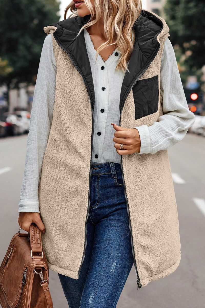 Colete de algodão com capuz de cor sólida 2023, casaco cardigan elegante e slim fit reversível_voghion.com
