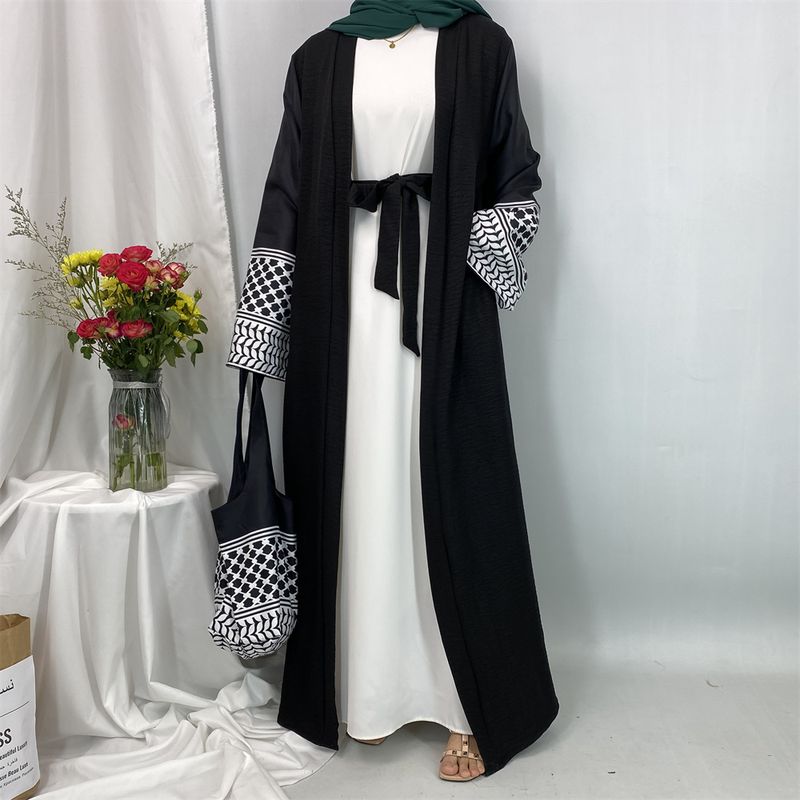 Abaya longue en lin doux imprimé, cardigan et sac, pour femme musulmane, avec poches, pour les fêtes de l'Aïd_voghion.com