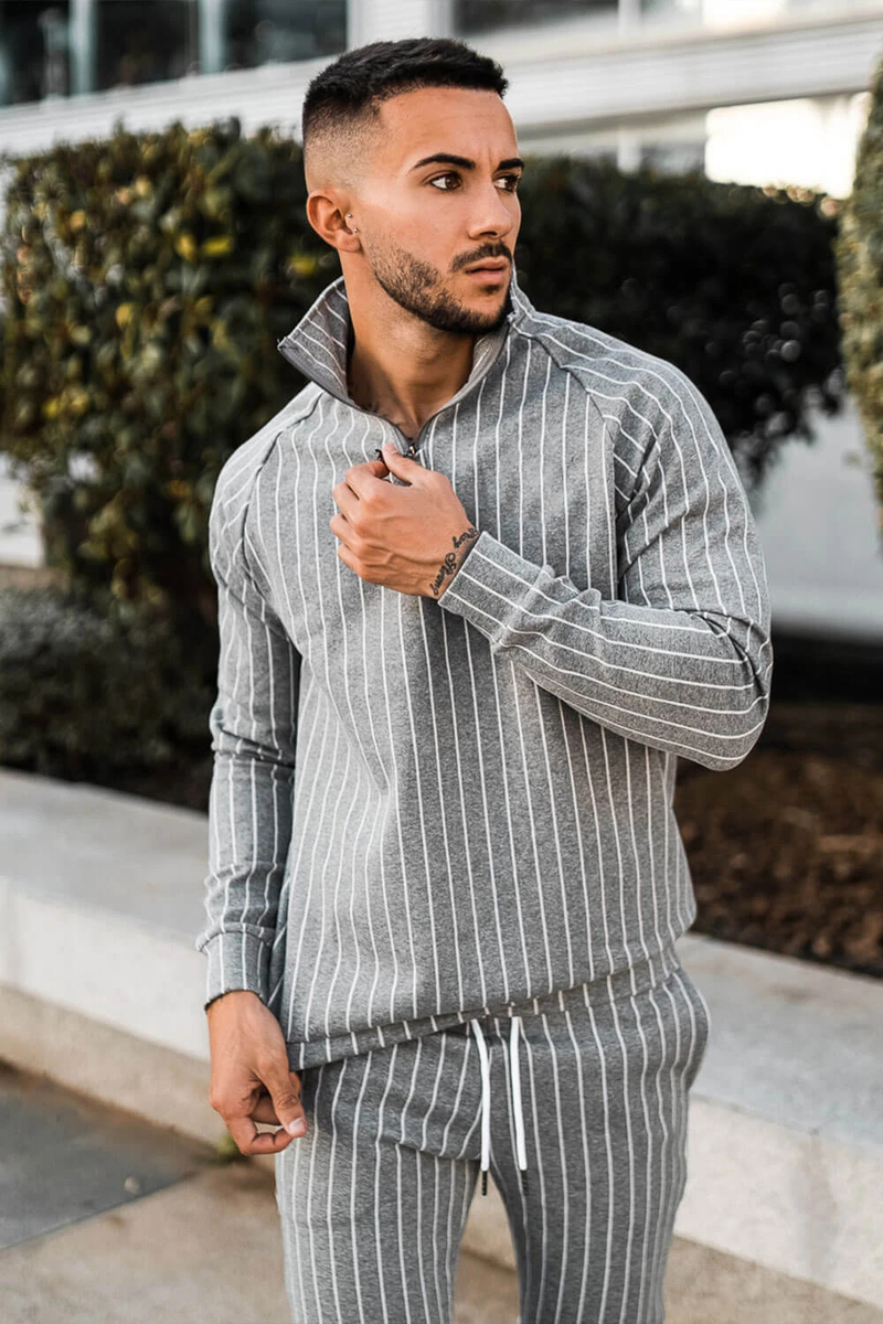 2024 New Spring and Autumn Stripe for Men's Fitness Running Long sleeved Sweater Slim Fit Pants Set_voghion.com