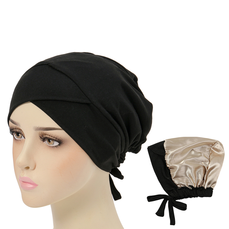 new multi-color satin lining turban hat drawstring bottom hat forehead cross strap hood_voghion.com