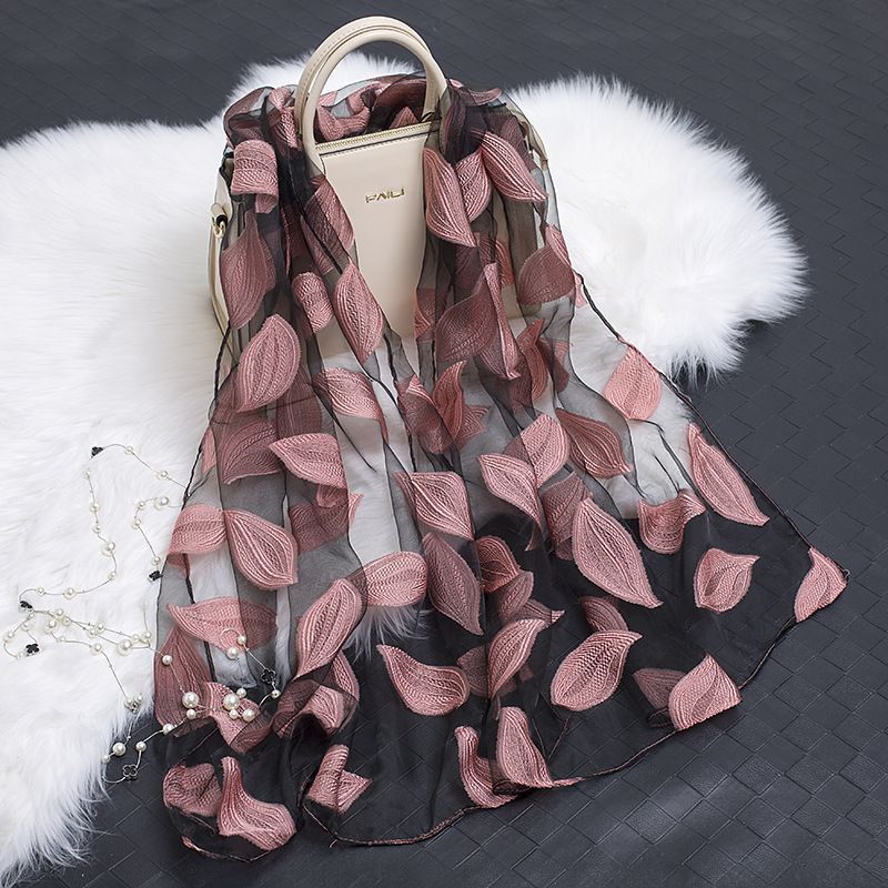 2024 Spring Summer Korean Version Organza Cut Flower Women Cotton Linen Lace Splicing Leaf Pattern Silk Scarf Shawl_voghion.com