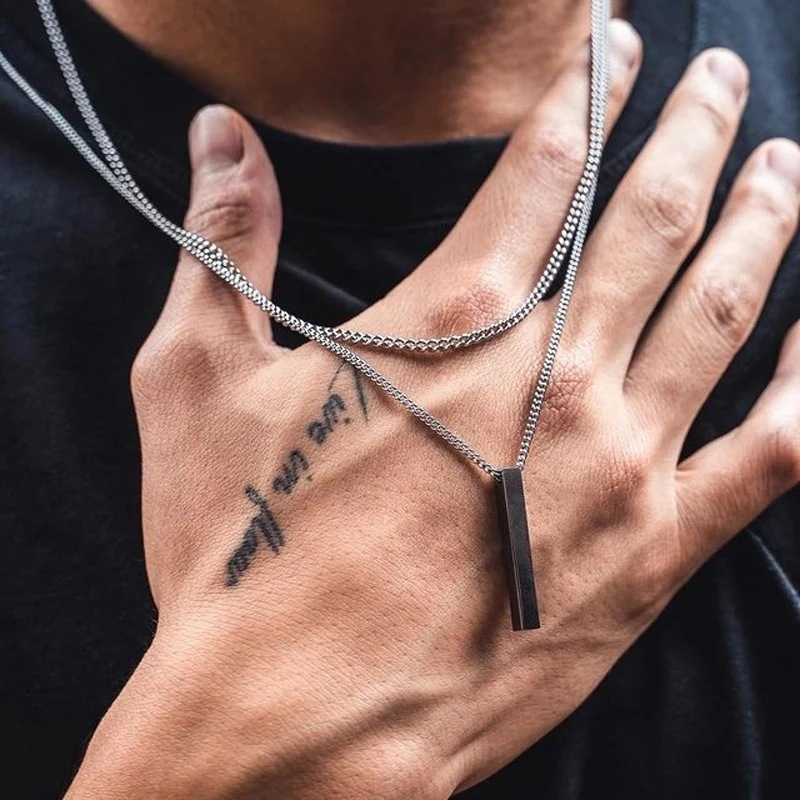 Mens Jewellery Rectangle Pendant Necklace Men Classic Width 2mm Stainless Steel Link Chain Necklace for Men Jewelry Gift_voghion.com