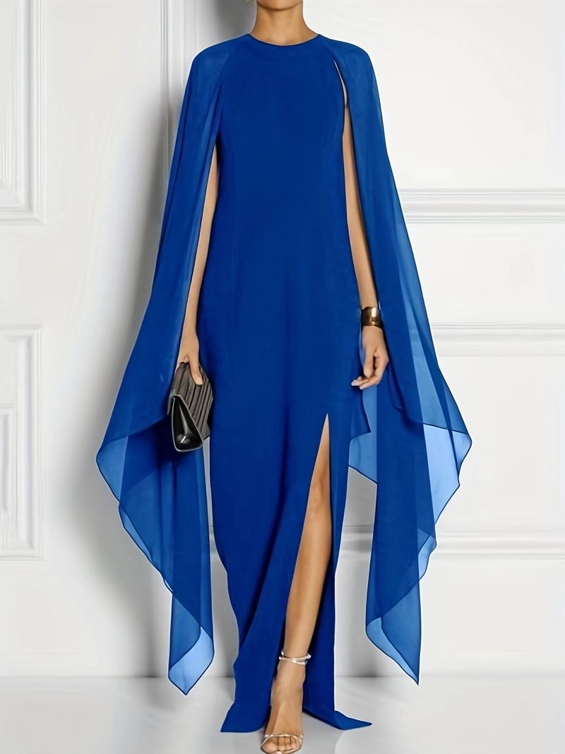 Elegant Plus Size Long Evening Dress With Slit & Batwing Sleeves - Stretchy Polyester Formal Gown For Women (Red, Blue, Black, 1XL-4XL)_voghion.com