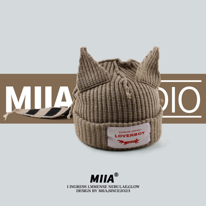 Piccole orecchie di gatto carine coda un cappello lavorato a maglia autunno e inverno caldo cappello lavorato a maglia spesso cappello freddo_voghion.com