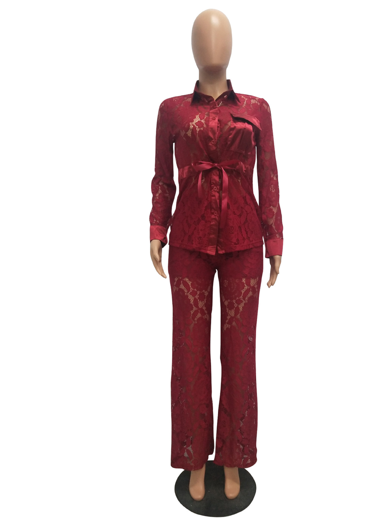Abito casual in due pezzi con top in pizzo e pantaloni alla moda sexy da donna_voghion.com