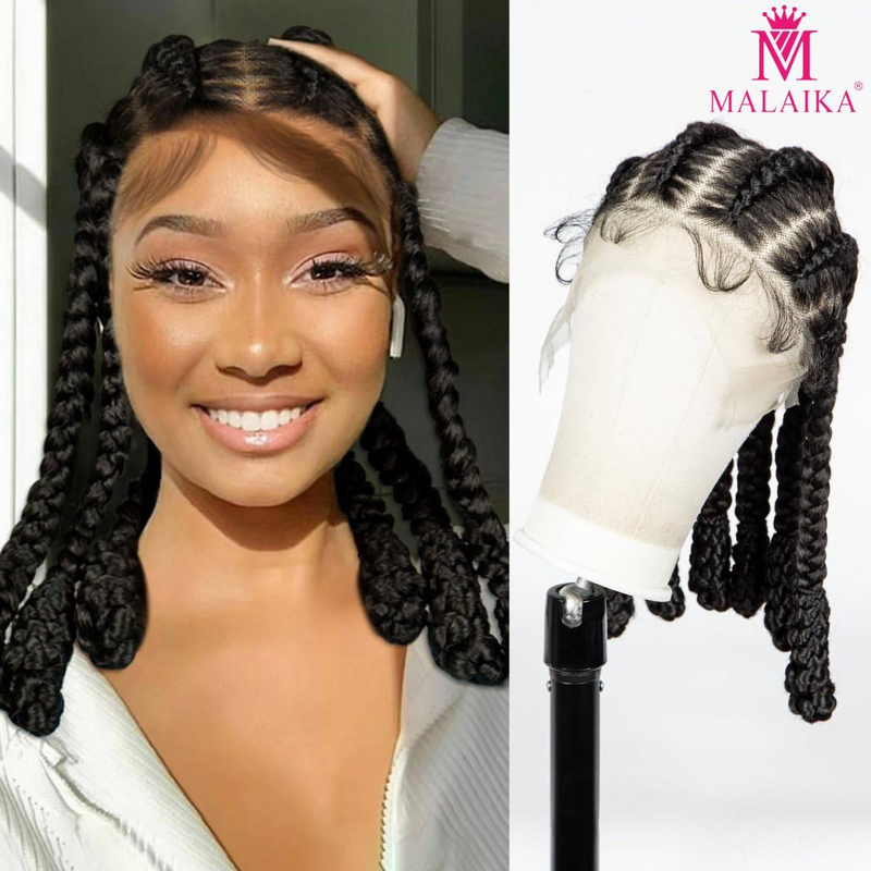 MALAIKA Perruques tressées 16 pouces Synthétique Transparent Full Lace Cornrow Perruques en dentelle tressées pour femmes Perruques de cheveux tressées à la main sans nœuds sur le devant en dentelle_voghion.com