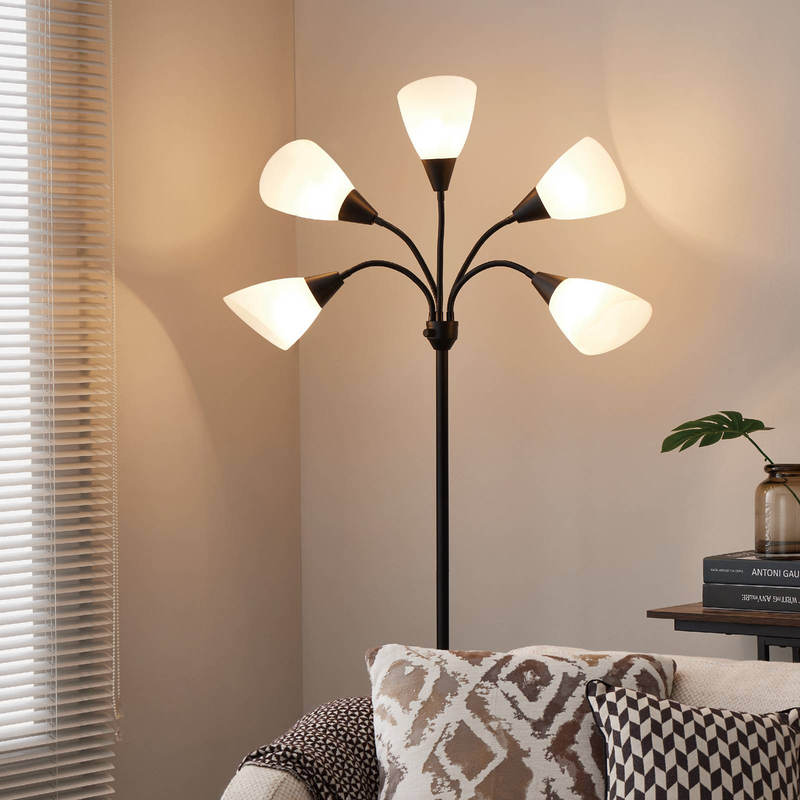 Lampadaires Medusa, lampes sur pied, 5 têtes réglables, lampe de lecture, grand abat-jour, ampoule E26 A19, pour salon, chambre à coucher (noir)_voghion.com